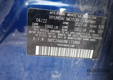 2022 Hyundai Accent Se из США, поврежденный, VIN 3KPC24A60NE171864